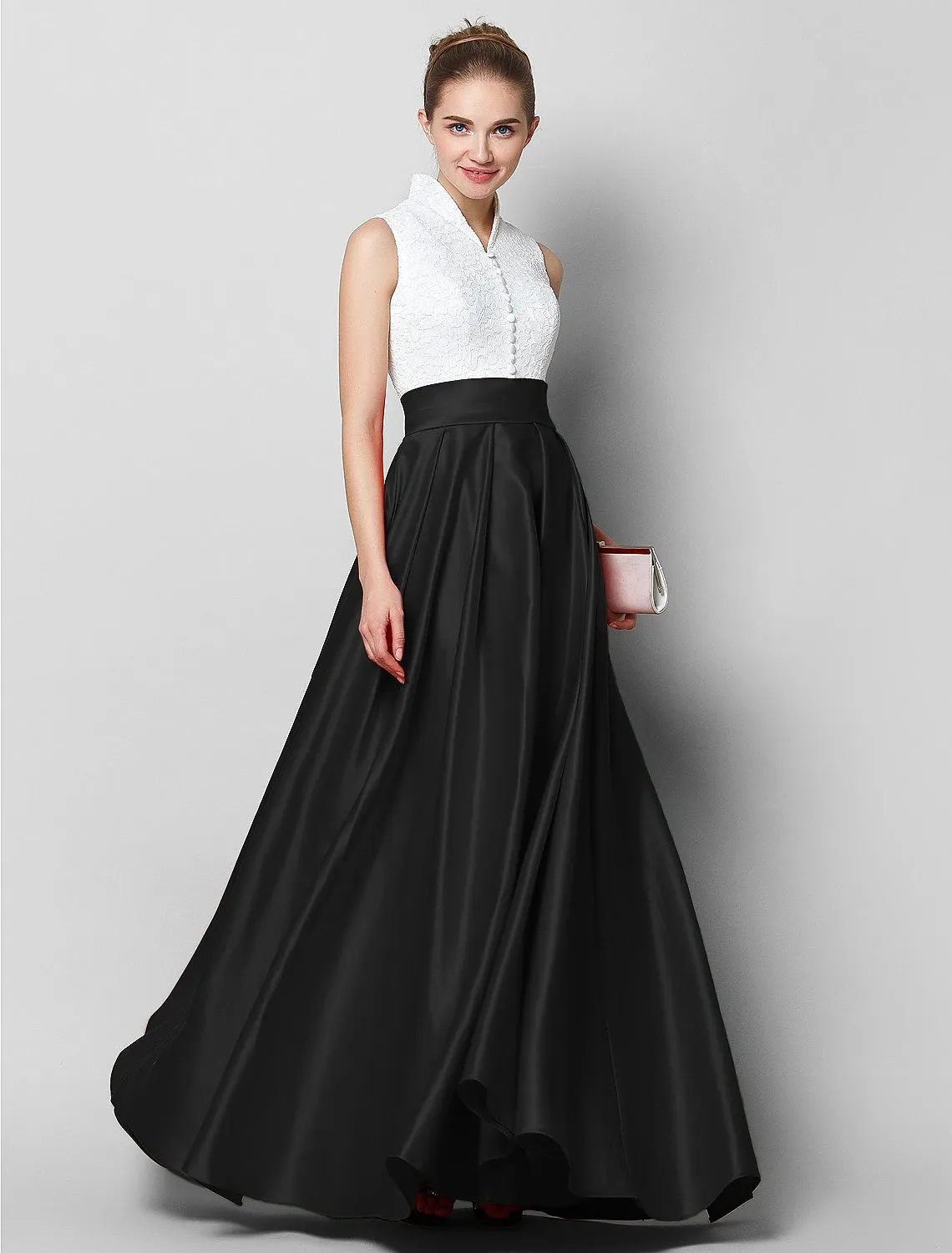 A-Line Elegant & Luxurious Color Block Formal Evening Black Tie Gala Dress High Neck Sleeveless Floor Length Lace with Pleats