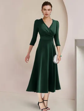 A-Line Mother of the Bride Dress Formal Wedding Guest Party Elegant V Neck Tea Length Stretch Fabric 3/4 Length Sleeve with Beading Side-Draped