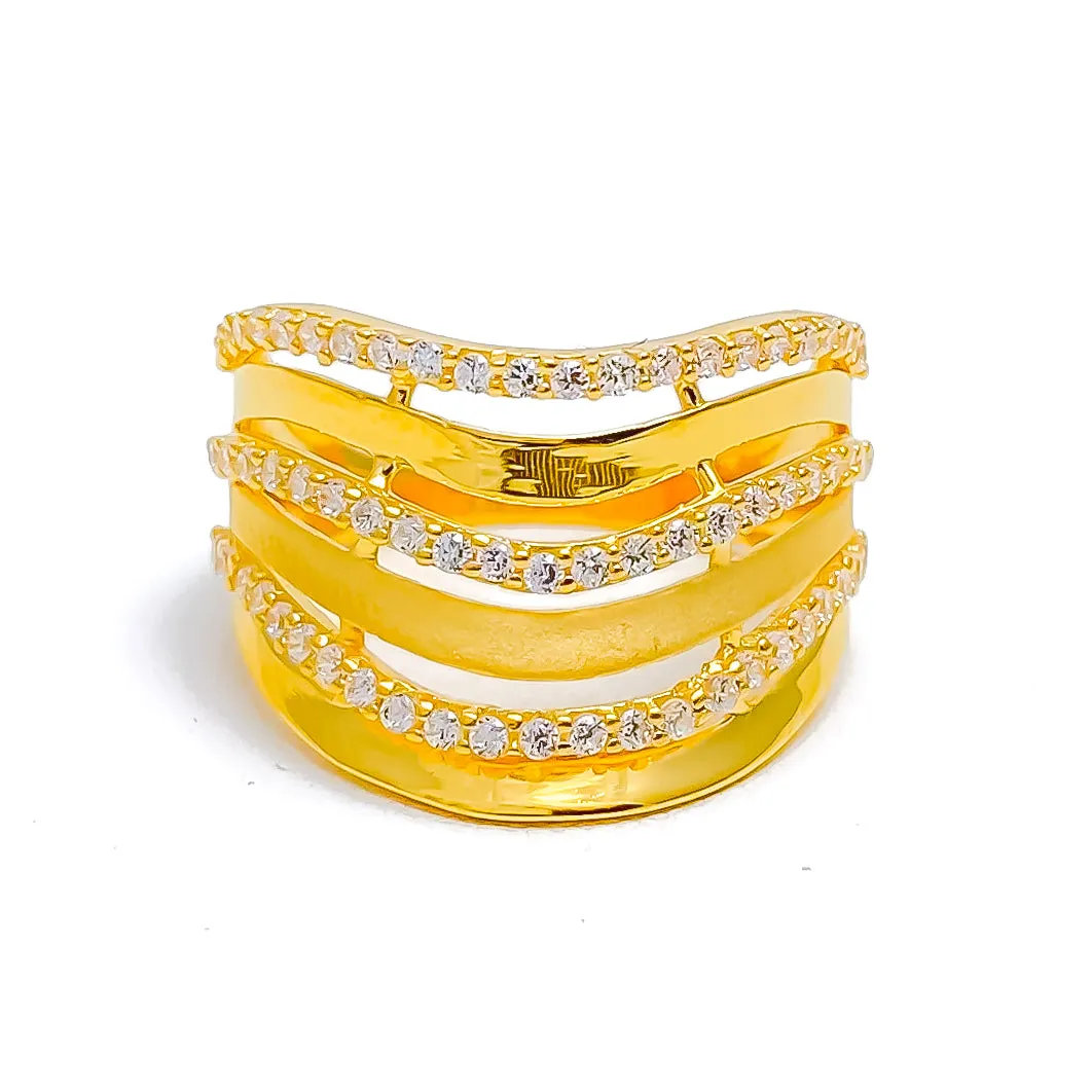 Alternating Striped 22k Gold CZ Statement Ring