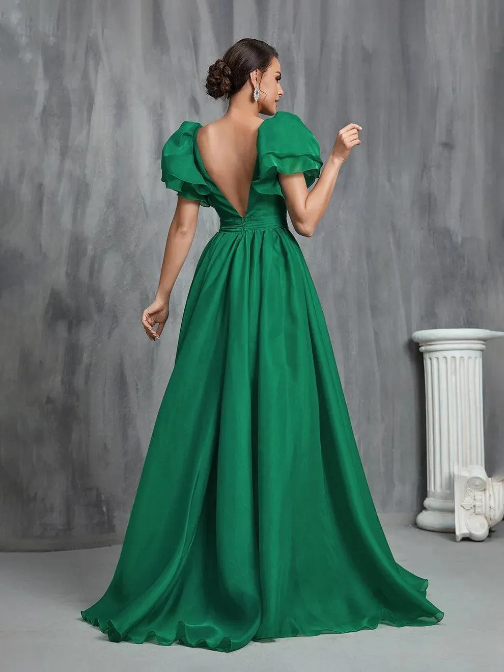 Backless Layered Sleeves Organza Prom Dress