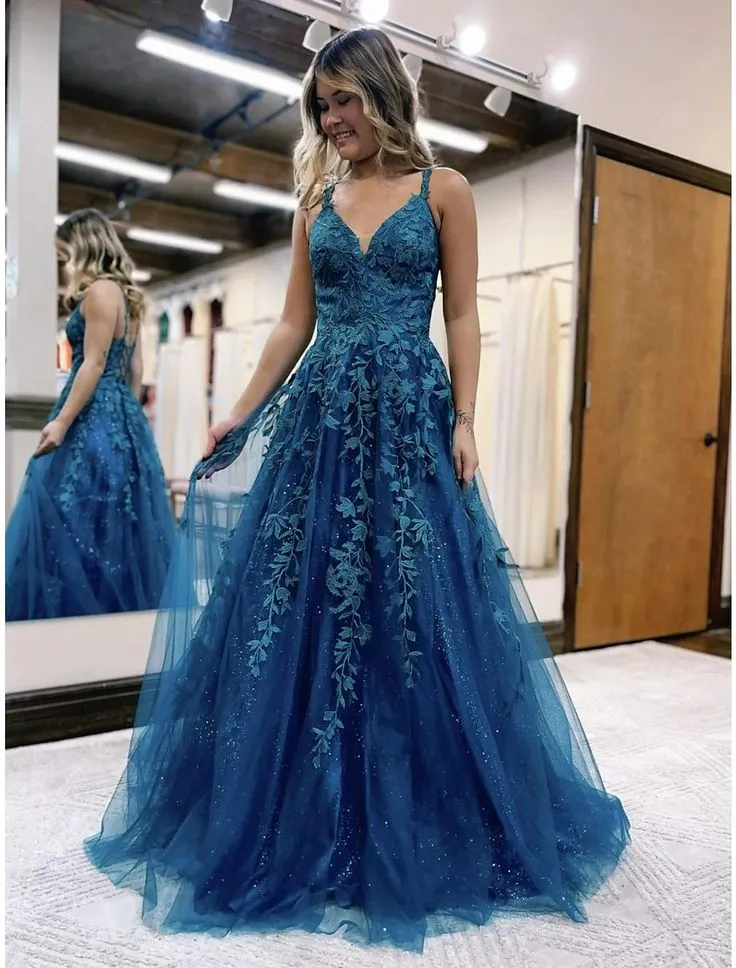 Ball Gown A-Line Prom Dresses Sleeveless Tulle Shiny Dress Formal Floor Length  with Appliques,DP706