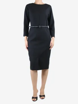 Black belted wool midi dress - size UK 12