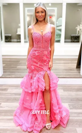 LP1308 - Sweetheart Spaghetti Straps Flower Appliques Bodice Mermaid Prom Dress