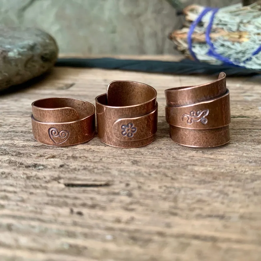 Solid copper, adjustable, wide band wrap rings. Made to order