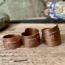 Solid copper, adjustable, wide band wrap rings. Made to order